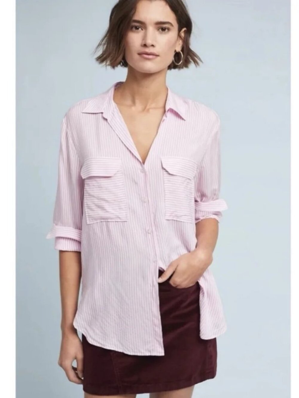 ANTHROPOLOGIE Maeve Zadie Tie Pink Striped Button Front Shirt Blouse